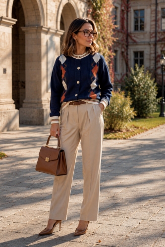 Sweter damski navy z rombami argyle i eleganckim zapięciem w stylu preppy.