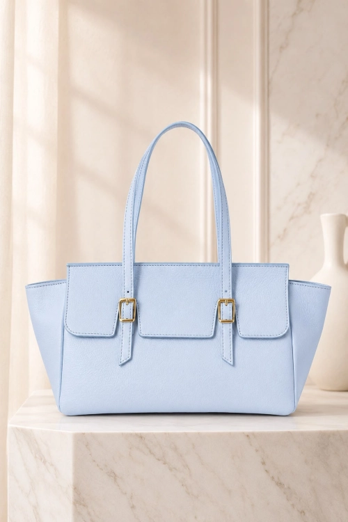 Damska skórzana torebka tote bag błękitna elegancka na co dzień