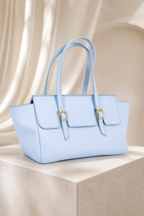 Minimalistyczna błękitna torebka tote bag ze złotymi detalami Yespola