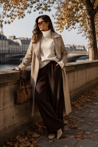 Brązowe spodnie wide leg z materiału masełko Anzanigo