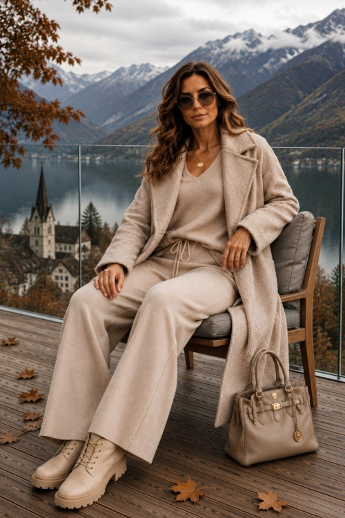 Casualowe spodnie wide leg beżowe z prążkowanego materiału