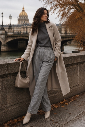 Eleganckie spodnie szare damskie wide leg z prążkowanym wzorem i zakładkami Faverola