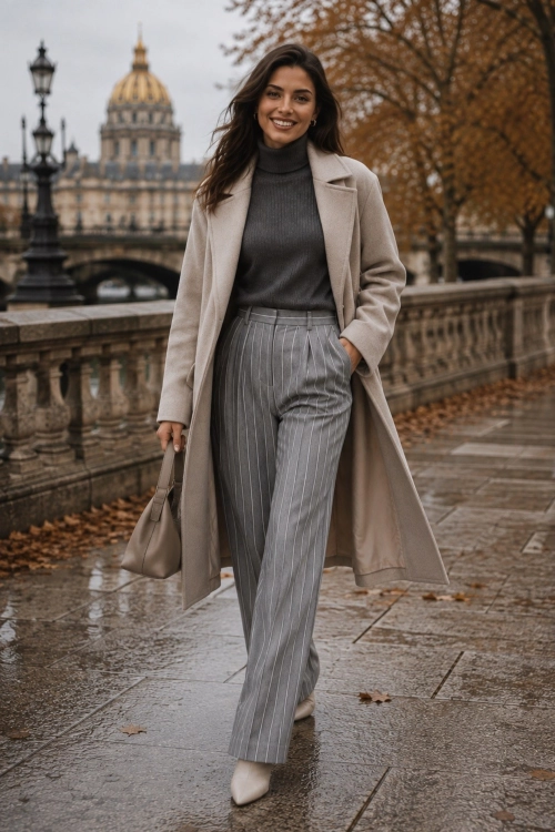 Spodnie wide leg szare w pionowe prążki z eleganckim fasonem i wysokim stanem Faverola