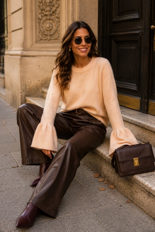 Morelowy sweter damski Larezani z miękką dzianiną z alpaką i eleganckimi rozszerzanymi rękawami