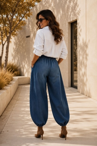 Dark denim blue jeansowe alladynki z wysokim stanem Saltrio