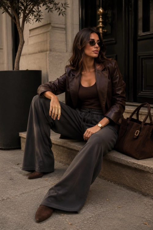 Brązowe spodnie wide leg casual Estallo
