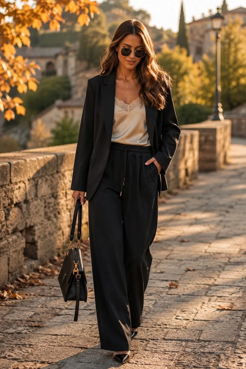 Spodnie damskie czarne wide leg z kieszeniami Estallo