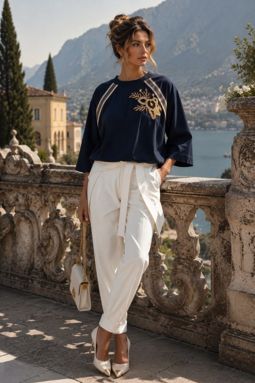 Granatowa bluza oversize z haftowanym kwiatem Fanlillo