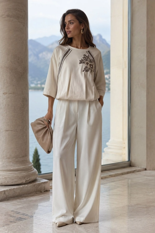 bluza oversize beżowa z lampasami włoski styl Fanlillo
