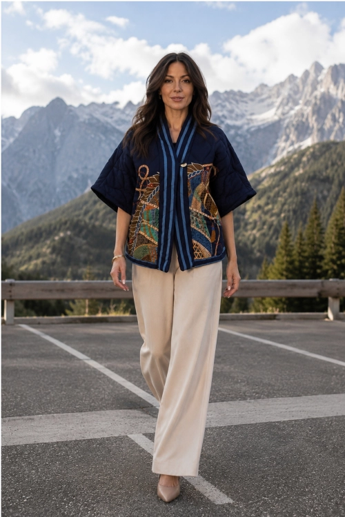 Kurtka damska granatowa kimono z lampasami Saques