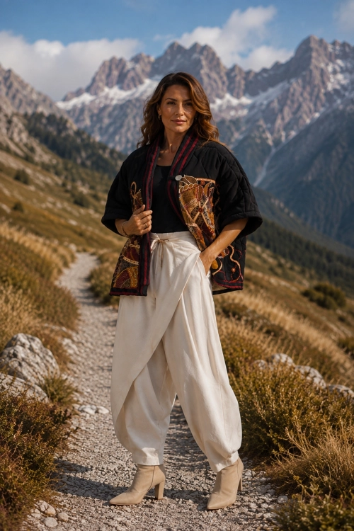 Czarna kurtka z rękawem kimono i wzorem Saques