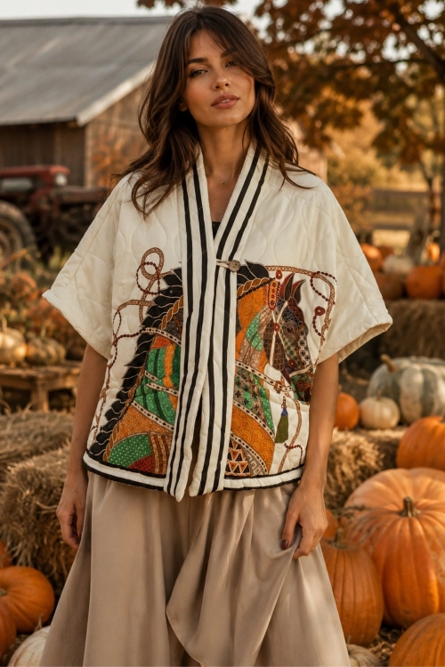 Beżowa kurtka z rękawem kimono i wzorem Saques