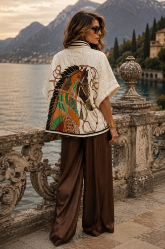 Ecru kurtka kimono z wzorem konia i lampasami Saques