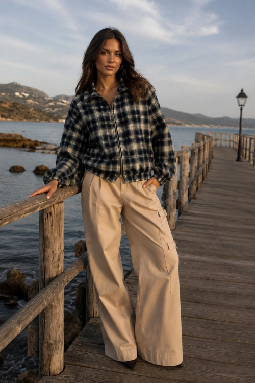 Elegancka bluza granatowa bomber z kieszeniami i klasycznym zapięciem na zamek Taverolia