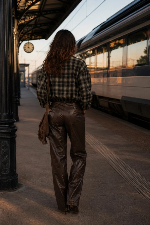 Modna bluza damska Taverolia brązowa o kroju bomber z kratką i praktycznymi kieszeniami
