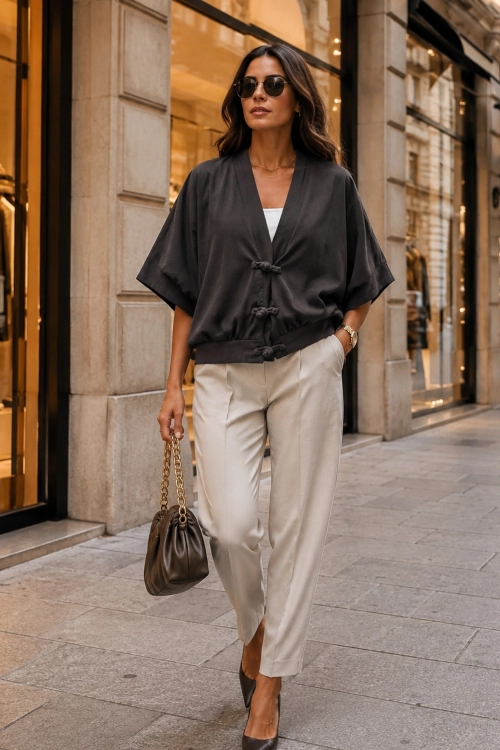 Brązowa narzutka damska kimono oversize z luźnym fasonem i ozdobnym zapięciem Ordoves