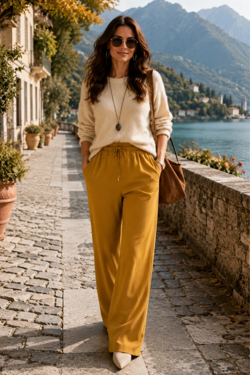 Musztardowe spodnie wide leg casual Estallo