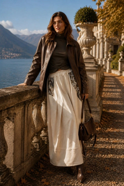 beżowa długa spódnica damska Roccabianca o luźnym fasonie bombki