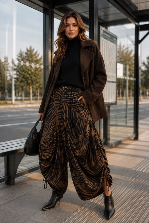brązowe spodnie animal print z regulacją nogawki damskie