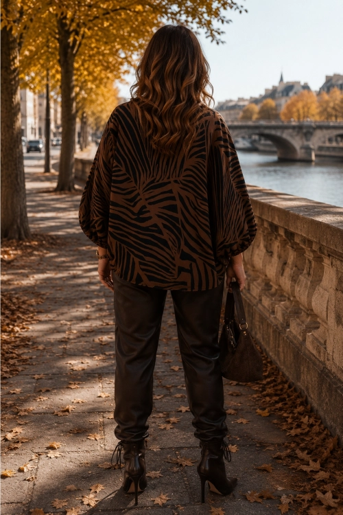 wzorzysta bluzka brązowa zebra z rayonowo-wiskozową tkaniną Baltarga
