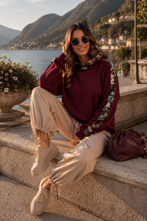 Bluza damska burgundowa oversize z żakardowymi wstawkami Alella