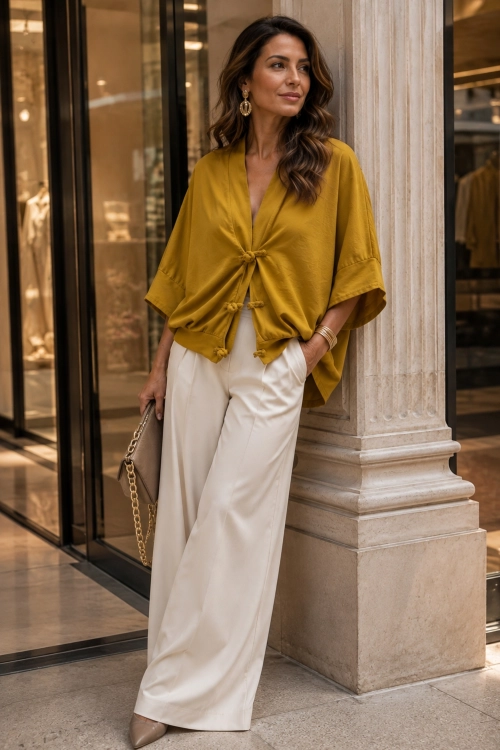 musztardowa narzutka kimono damska w stylu włoskim z bawełny