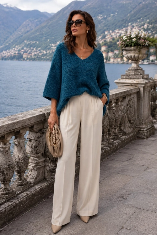 Sweter damski Tesinoa morski z puszystej dzianiny boucle i swobodnym fasonem oversize