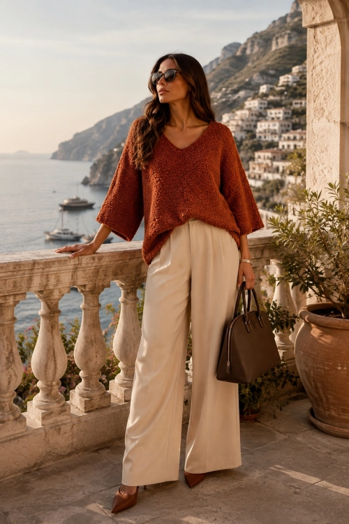 Elegancki sweter rudy Tesinoa z dzianiny boucle o kroju oversize i kobiecym dekolcie V