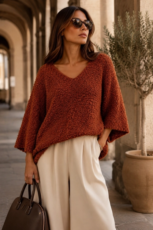 Sweter damski Tesinoa rudy z puszystej dzianiny boucle i swobodnym fasonem oversize