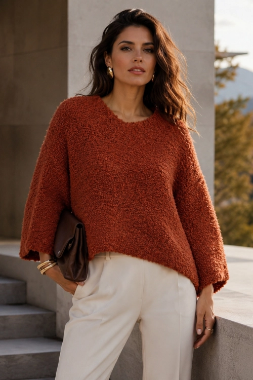 Rudy sweter damski boucle oversize z luźnym fasonem i eleganckim dekoltem V Tesinoa