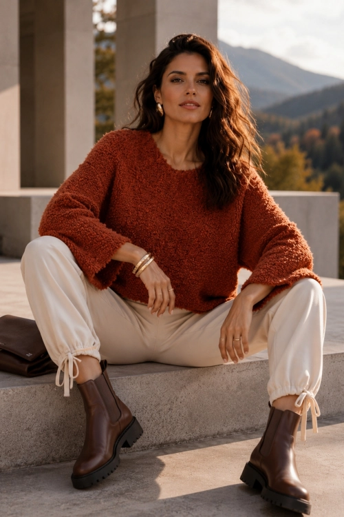 Modny sweter boucle rudy z dekoltem V oversize i wygodnym krojem Tesinoa