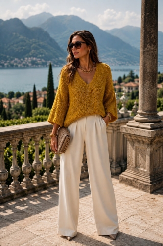 musztardowy sweter damski boucle oversize z dekoltem w serek