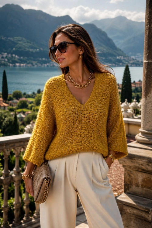 musztardowy sweter oversize boucle inspirowany włoskim stylem Tesinoa