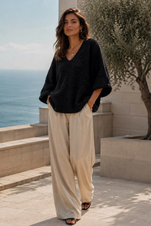 Sweter damski czarny boucle oversize z dekoltem V i miękką strukturą dzianiny Tesinoa