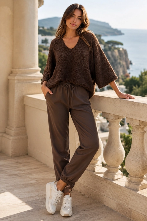 Modny sweter boucle brązowy oversize z kobiecym dekoltem V i wygodnym krojem Tesinoa