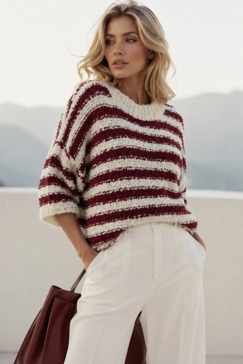 Sweter damski bordowy z ecru boucle w szerokie pasy oversize Noravelia