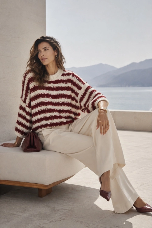 Modny sweter boucle bordowy oversize z ecru pasami i wygodnym fasonem Noravelia