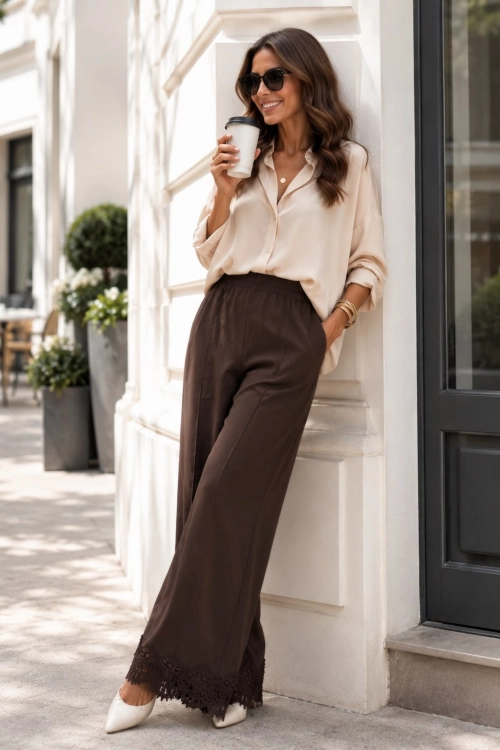 Brązowe spodnie wide leg eleganckie z koronką Arduix