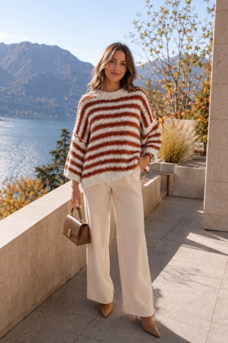 Rudy sweter damski boucle z ecru szerokimi pasami i luźnym fasonem oversize Noravelia