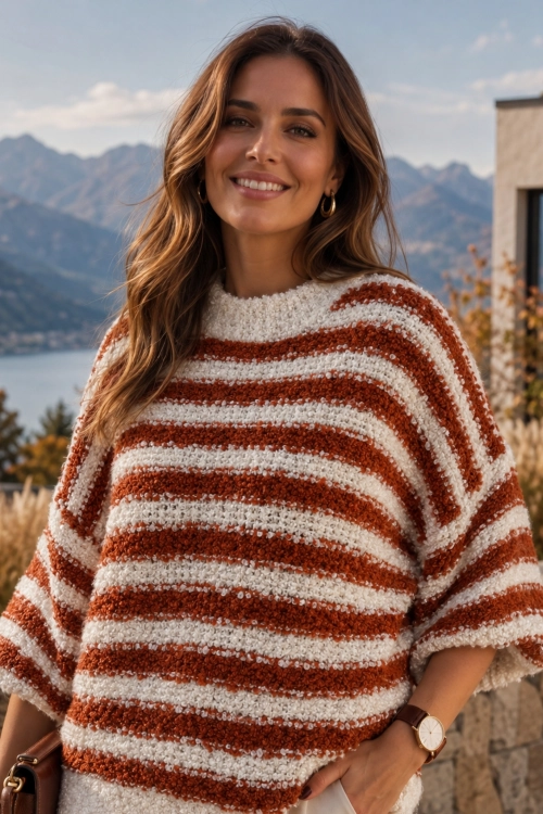 Elegancki sweter rudy z dzianiny boucle w kontrastowe pasy ecru o kroju oversize Noravelia