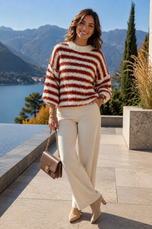 Modny sweter boucle rudy oversize z ecru pasami i wygodnym fasonem Noravelia