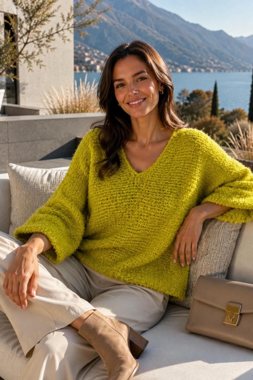 Modny sweter boucle limonkowy oversize z kobiecym dekoltem V i wygodnym krojem Tesinoa