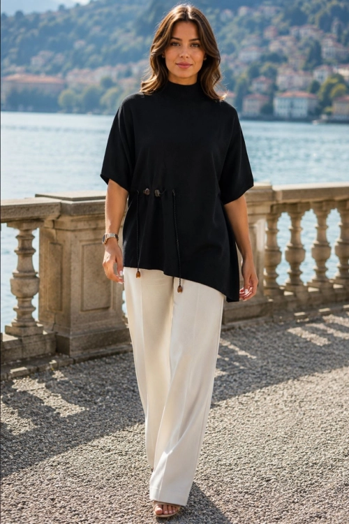 Czarna bluzka kimono z krótkim rękawem Caputxins