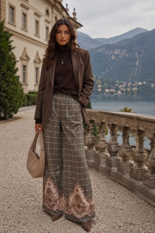 Eleganckie spodnie palazzo szare w kratkę z kwiatową koronką Peraloria