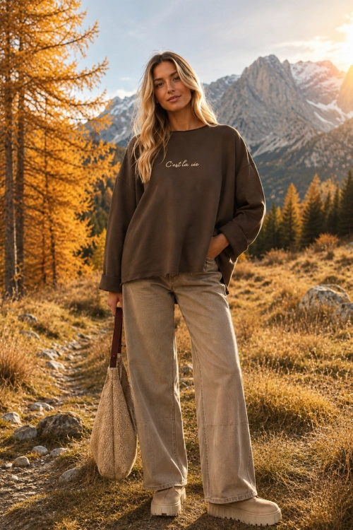 Bluza oversize brązowa z obniżoną linią ramion i napisami surowo wykończona Casafort