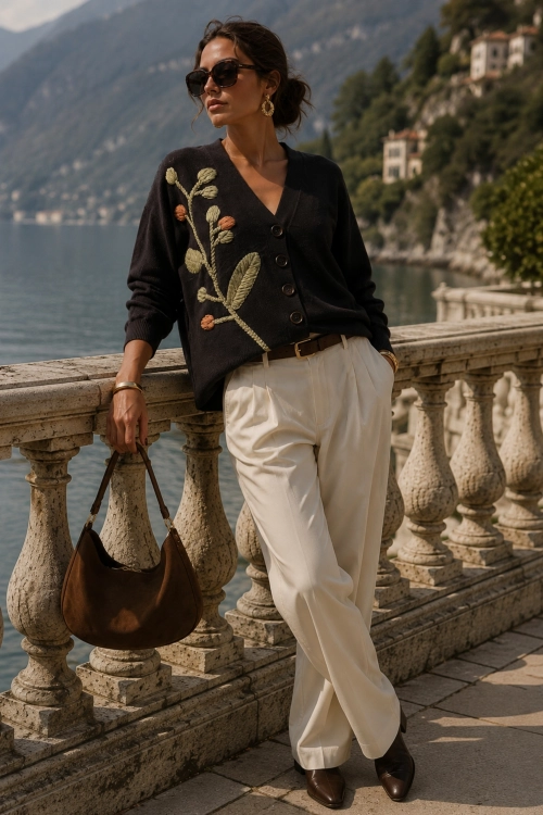 Elegancki sweter damski brązowy z ozdobnymi kwiatami Nuncarga