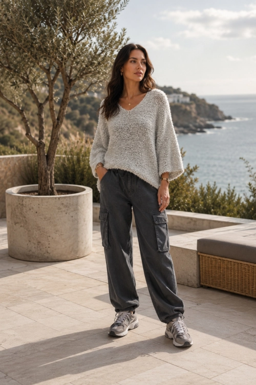 Szary sweter boucle oversize z dekoltem V Tesinoa
