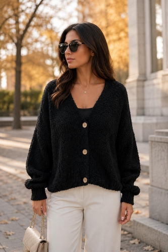 Sweter damski czarny boucle oversize zapinany na guziki Girellora