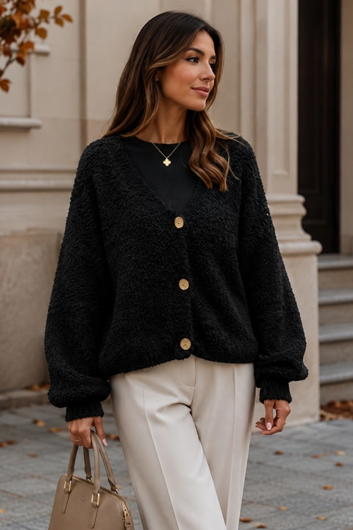 Elegancki sweter czarny damski z dzianiny boucle o luźnym kroju oversize i guzikami Girellora