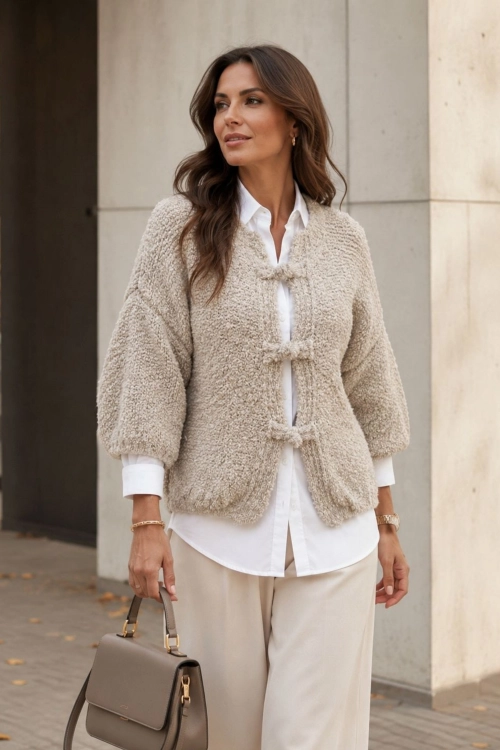 Sweter dzianinowy ciemnobeżowy Sanavastre z rękawami balonowymi boucle